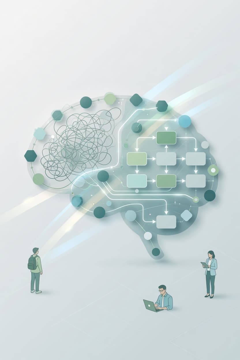Illustration of complex ideas transforming into clear mental model frameworks through connected pathways