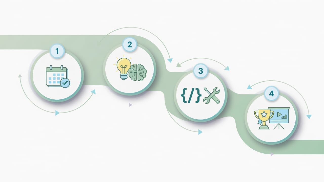 Four-step learning journey from free session through mental models, hands-on practice, to build and demo